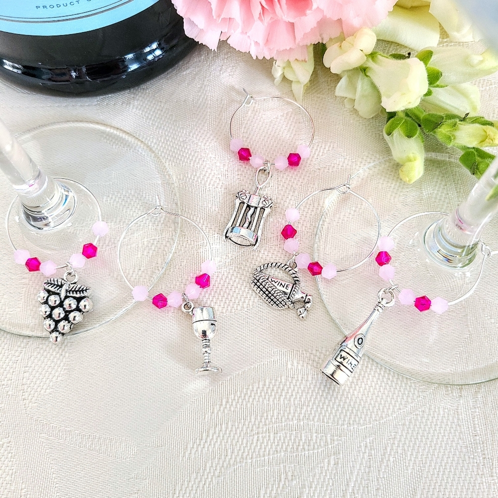 "Brunch Time" Pink & Magenta Glass Bead Wine Glass Markers Tibetan Silver Charms